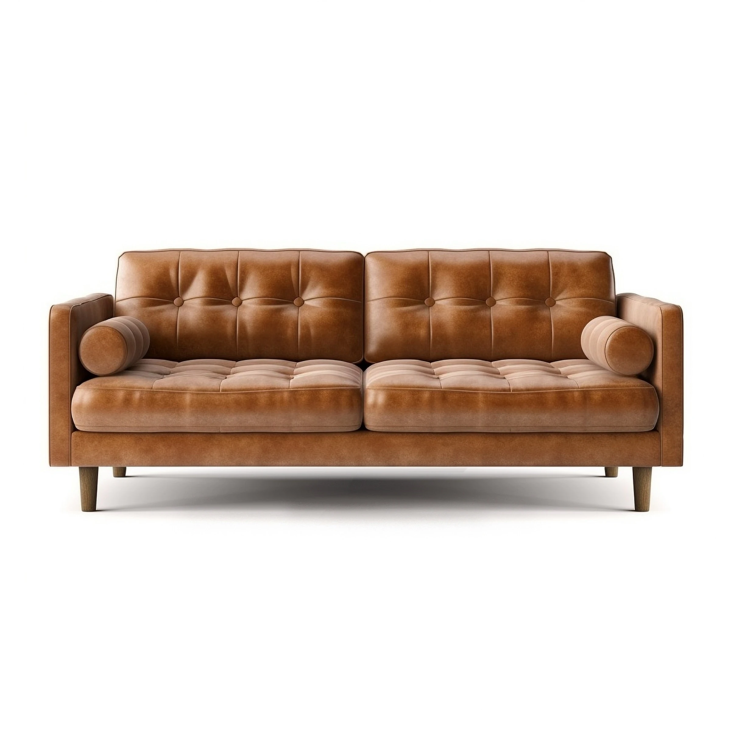 Tan leather sofa with a deep-buttoned back and low arms on a white background