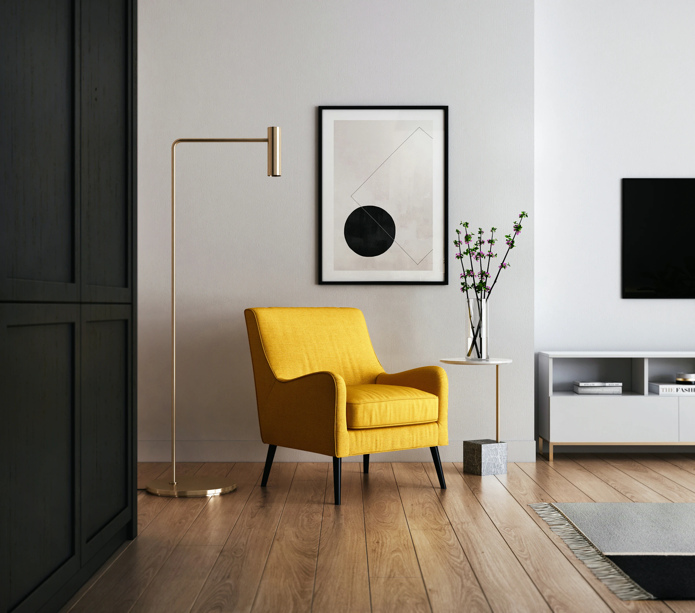 Mustard yellow lounge chair with a walnut frame beside a floor lamp