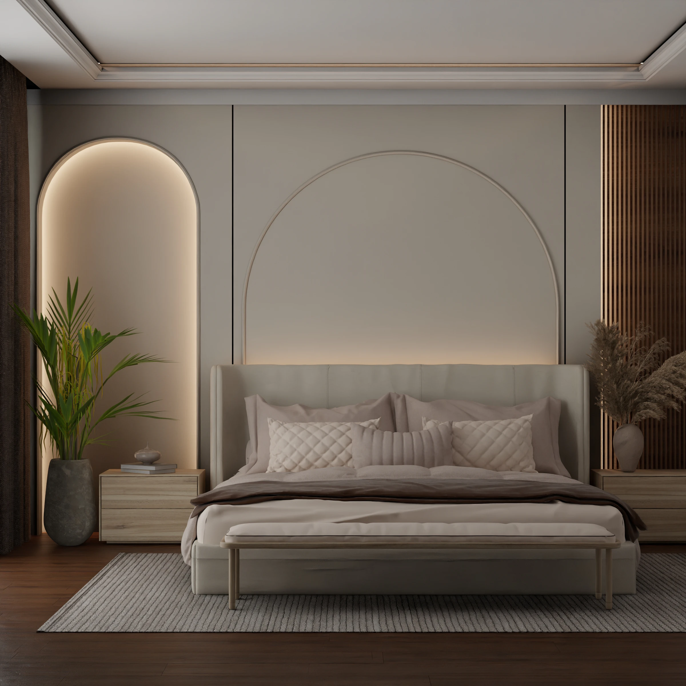 Upholstered double bed with a tall arched headboard in a warm-lit bedroom