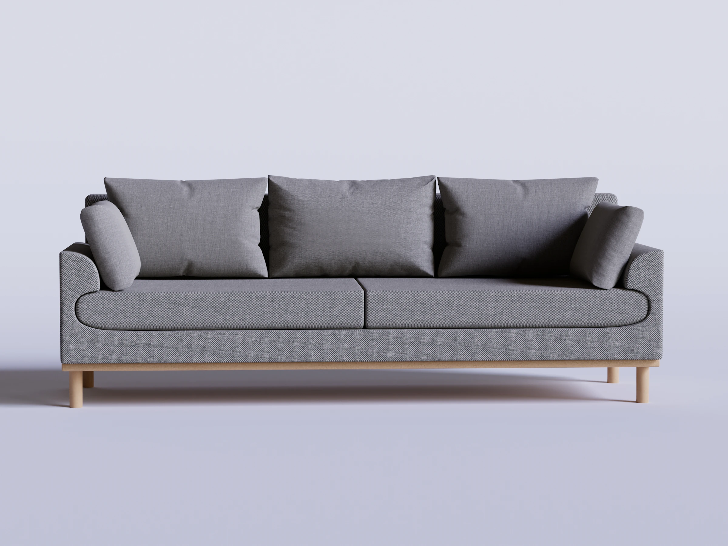 Grey fabric three-seat sofa with four back cushions and light oak legs