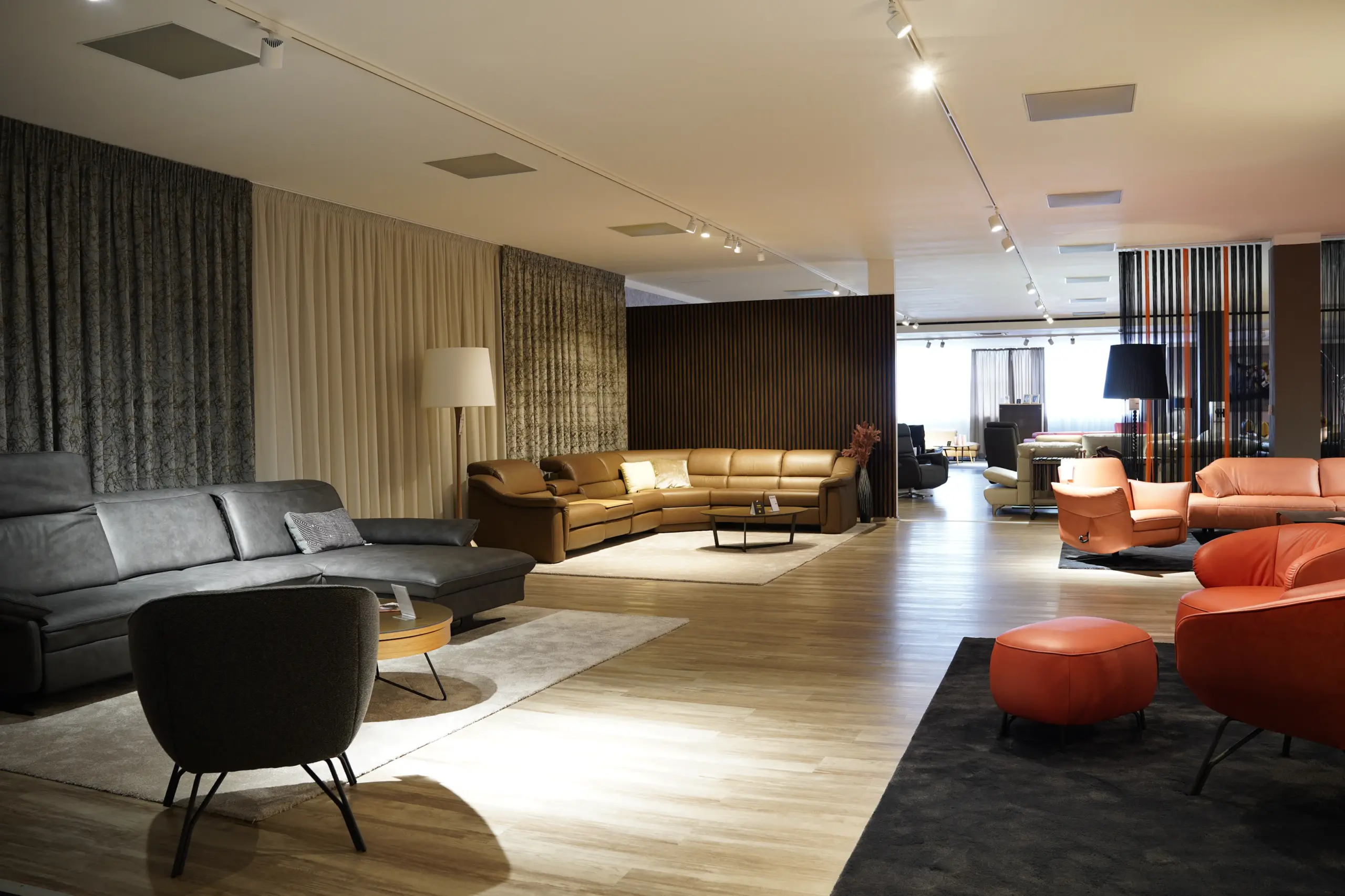 Furniture showroom floor with leather sofas, lounge chairs and rugs under track lights